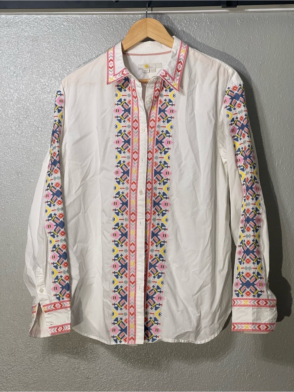 Boden Embroidered White Button-Down Shirt with Multicolor Folk Motif Size 10R